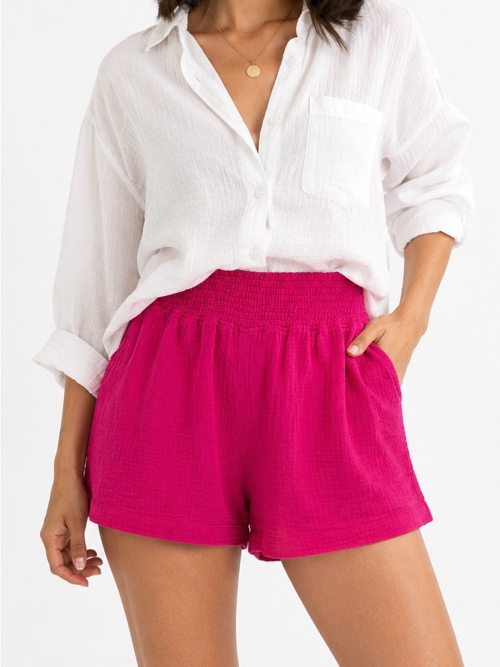 Three Dots Pink Double Gauze Smocked Waist Shorts M Fuchsia Beach Coverup